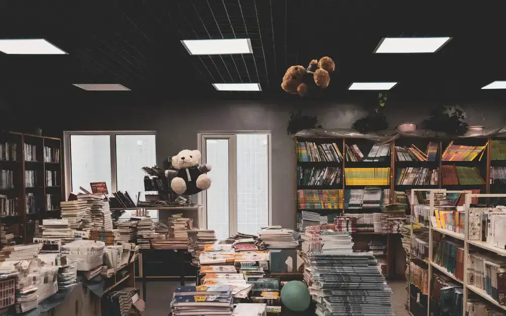 A cozy reading corner filled with plush toys and colorful picture books
